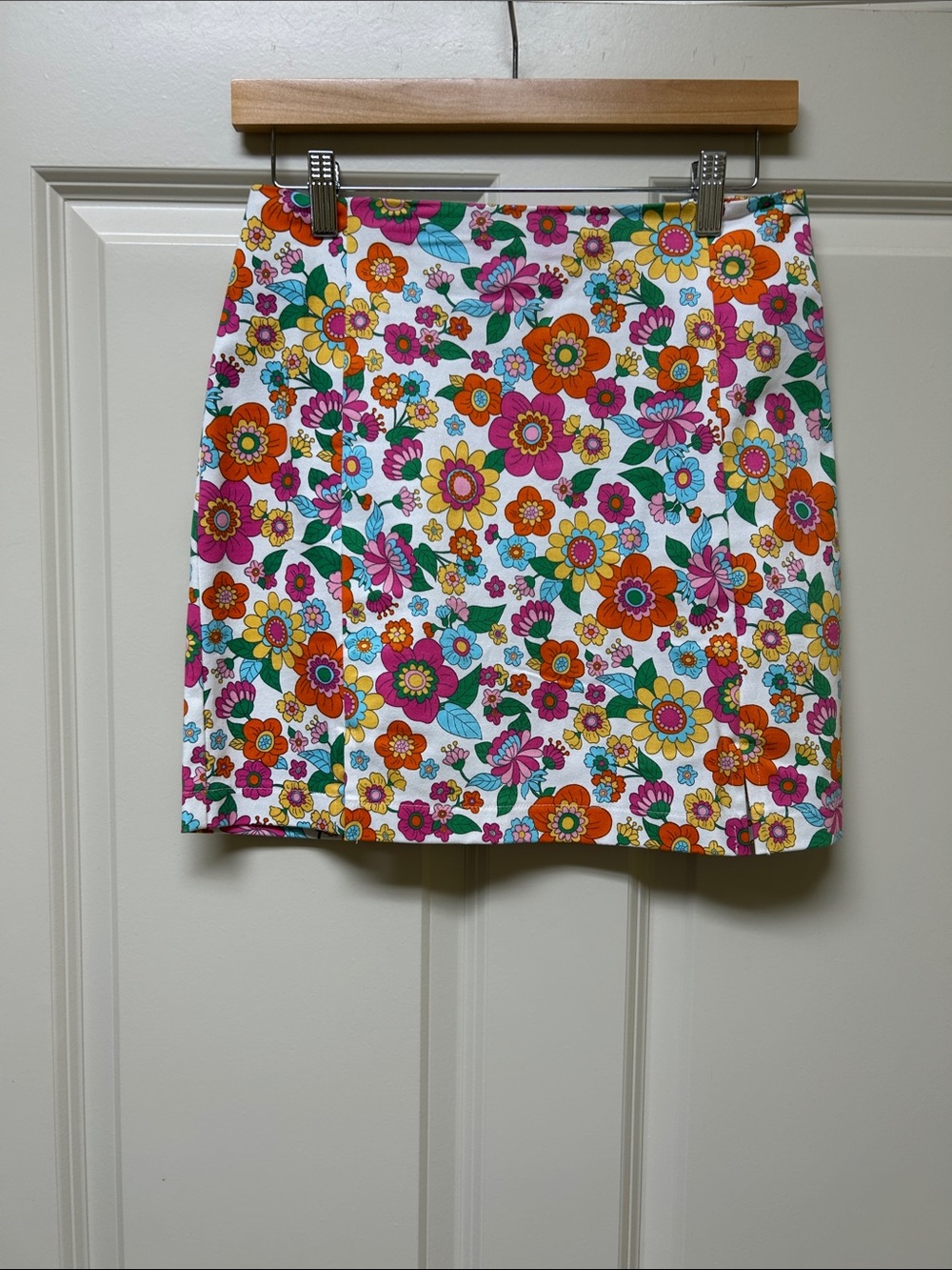 love on a hanger White Mini Skirt with Pink, Orange, Yellow & Green Floral Print